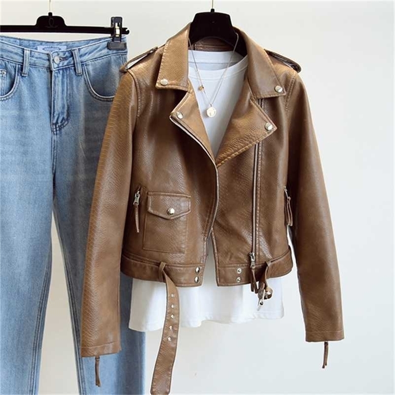 

Ailegogo Spring Autumn Women Faux Leather Jacket Streetwear Khaki Leather Coat Biker Moto Jacket with Belt Female Outerwear 211108, Beige