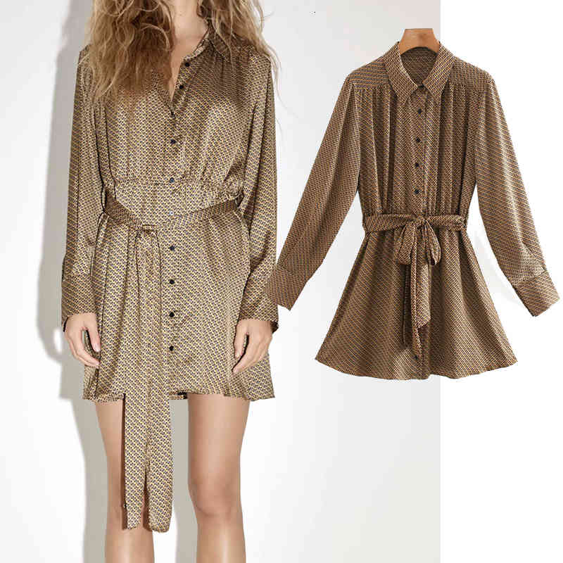 

Casual Dresses Women geometry pattern print dress Turn-down Collar long sleeve slim waist chic party mini mujer W63A, Beige