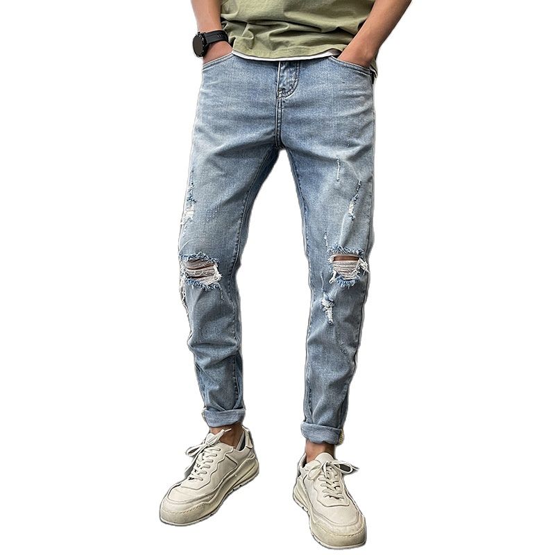 

Man's Fashion Pants 2021 Distressed Ripped Trousers Male Casual Korean Streetwear Scratched Lightcolored Beggar Denim Jeans Men, Blue