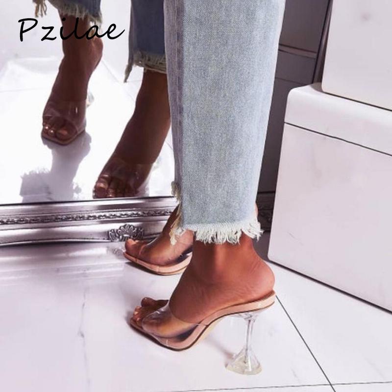 

Slippers Pzilae Fashion PVC Women Open Toe High Heels Transparent Perspex Women's Shoes Clear Heel Sandals Size 42, Black