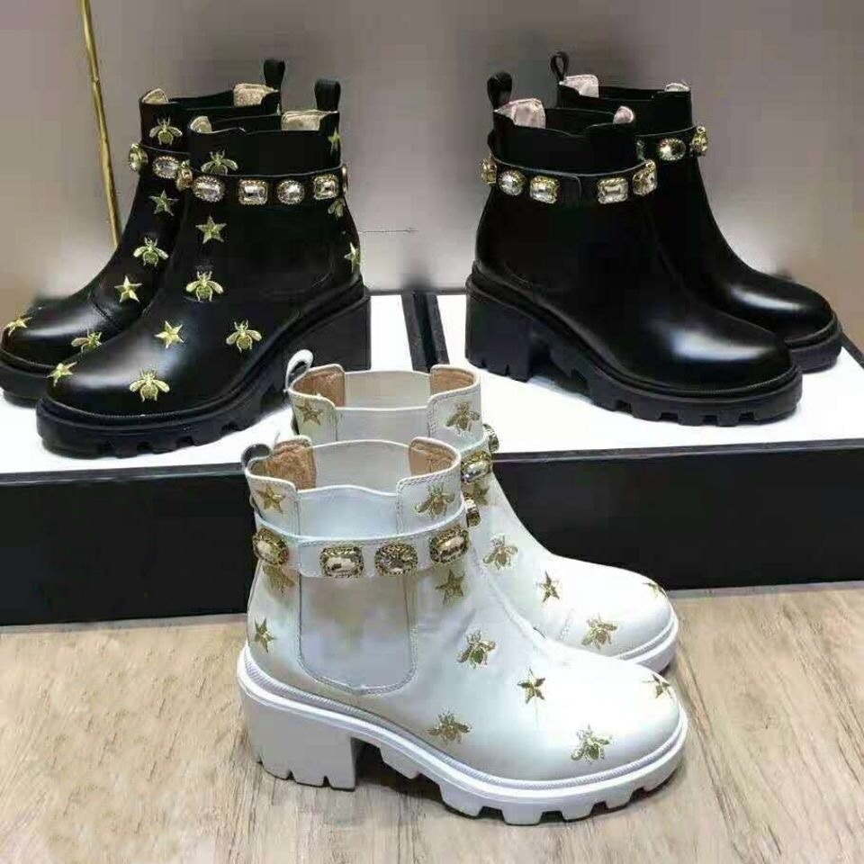 

Luxury Brand Women Shoes Ankle Boots Designer Thick-soled Desert Martin Boot Bee Star Trail Square Diamond Buckle Leather Shoe 35-41, Blue