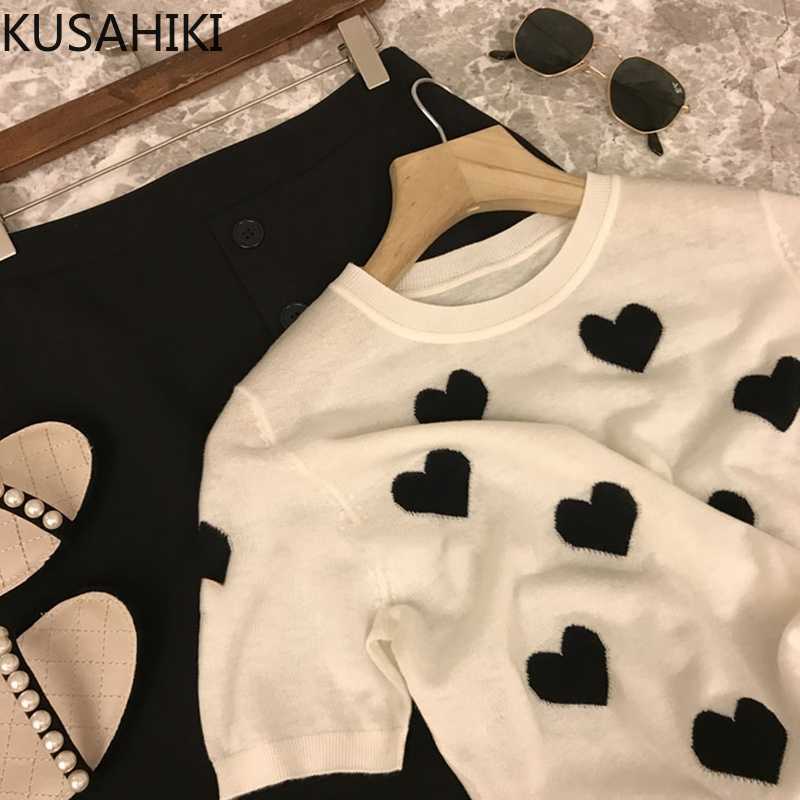

KUSAHIKI Summer Thin Short Sleeve Knitwear Korean Love Heart Women Jumpers Fashion Causal O-neck Knitted Pullover Top 6J279 210602, White