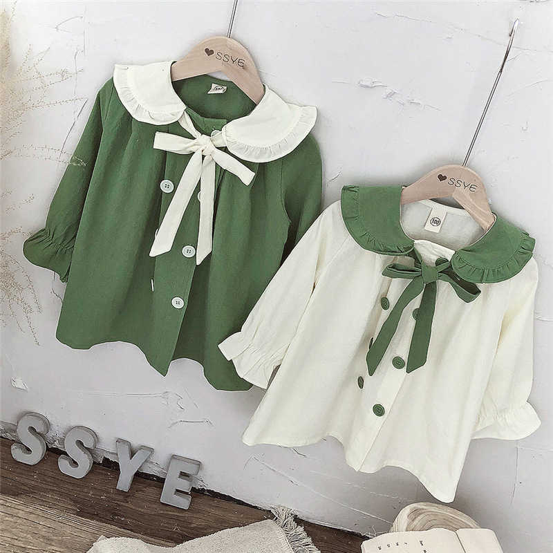 

Spring Korean Style Baby Girls Sweet Floral Long Sleeve Dress Toddler Kids Turn-down Collar Casual Princess Dresses 210615, Beige