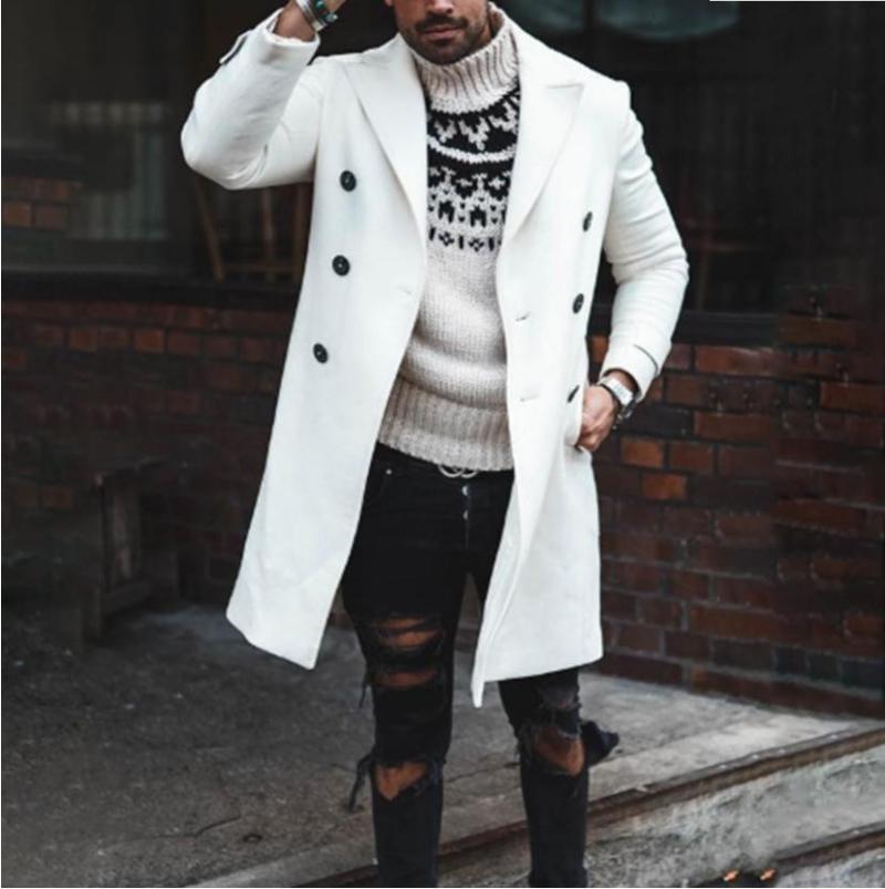 

Men's Trench Coats Double Breasted Long Winter Coat For Mens White Overcoats Big Size Fashion Wool Gentleman Jackets Trendy Slim