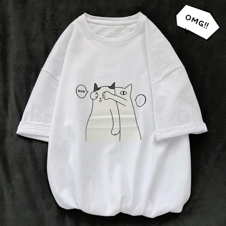 

Summer T shirt loose round neck print short sleeve couple four colors, White