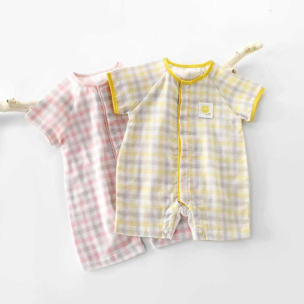 

born baby gauze clothes summer pajamas thin Summer Cotton Baby one-piece short sleeve Khaki, White
