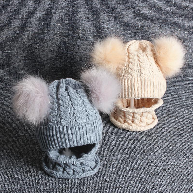 

Caps & Hats 2Pcs Baby Hat Scarf Set Autumn Winter Born Girl Boy Beanie Cap Double Pompom Knitted Infant Toddler Solid Color Bonnet, 1set beige