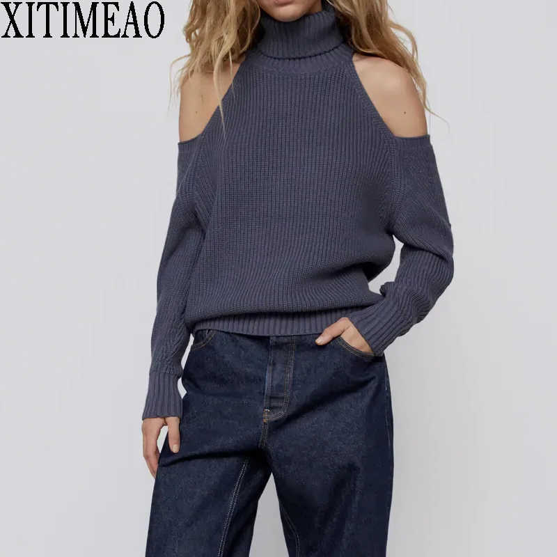 

ZA Sexy Knitted Sweater Off Shoulder Pullover Long Sleeve High Collar Female Loose Thickening Chic Clothing 210604, Blue
