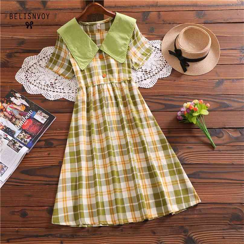 

Summer Japanese Mori Girl Dress Square Collar Avocado Green Plaid Vestidos Mujer Short Sleeve Elegant Bow Sashes Cotton Dresses 210520