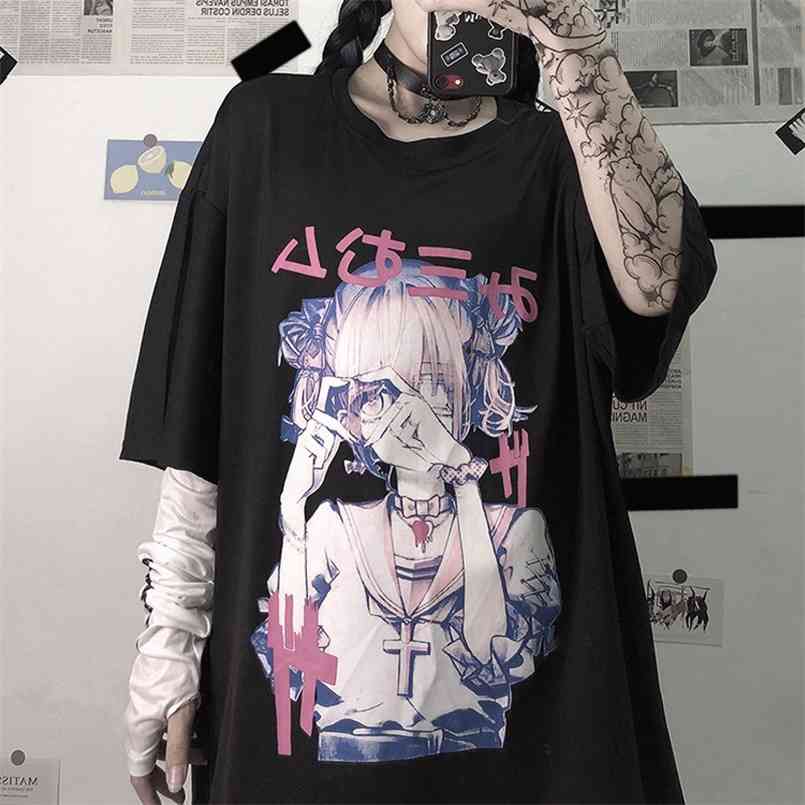 

Gothic T-shirt Women Oversized Harajuku Vintage Top Female Summer Alt Clothes Aesthetic MINGLIUSILI Anime Print Tee Shirt 210708, White