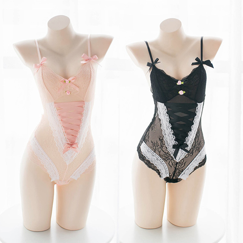 Japanese Anime Girls Cosplay Costume Sweet Women Floral Lace Crotchless Bodysuit Sexy Lingerie Bodysuit V Neck Sleepwear-image-693585357