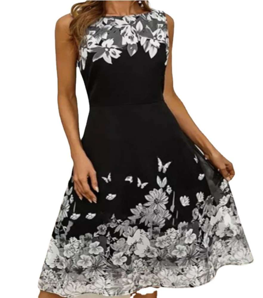 

digital positioning printing style sleeveless round neck dress, Black;gray