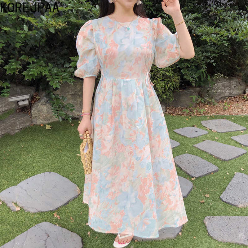 

Korejpaa Women Dress Summer Korean Chic Girls Sweet Oil Painting Print Back Single-Breasted Lace-Up Puff Sleeve Vestidos 210526, Picture color