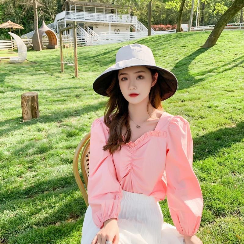 

bucket hat Summer sun protection foldable fisherman's Hat Women's big brim cover face shade South Korea Ruffle, Blue