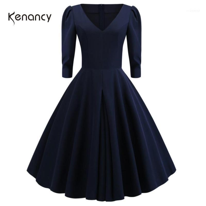 

Casual Dresses Kenancy Navy Color Women Midi Vintage Dress V Neck 3/4 Sleeves High Waist Retro 60s Audrey Hepburn Rockabilly Vestidos1, Cadetblue