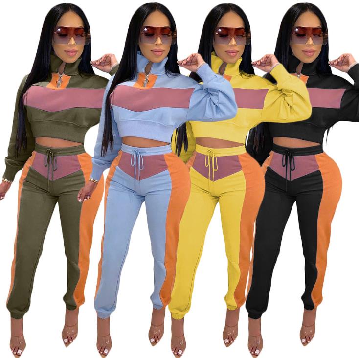 

2021 Autumn and Winter Casual Sports Suit Stitching Color Long Sleeve Zipper Coat + Sweatpants Two-piece Tracksuit For Women, Black;brown