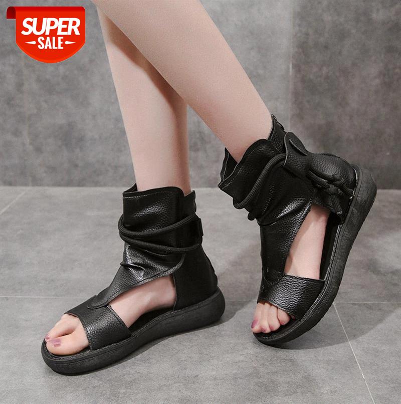 

Roman shoes women casual fashion high-top increased flat sandals soft leather thick-soled fish mouth #I49u, Black