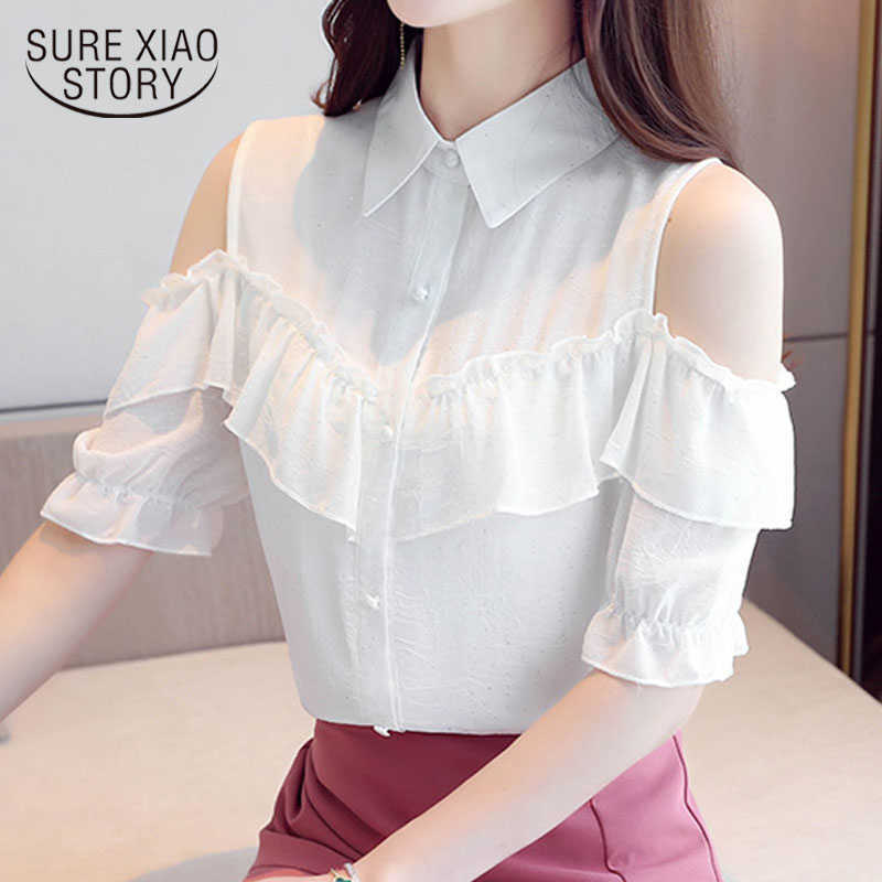 

Summer Sequined Ruffles Off-Shoulder Tops Korean Loose-Fit Short Sleeve Chiffon Blouse Women Fashion Summer Tops 9614 210527, Blue