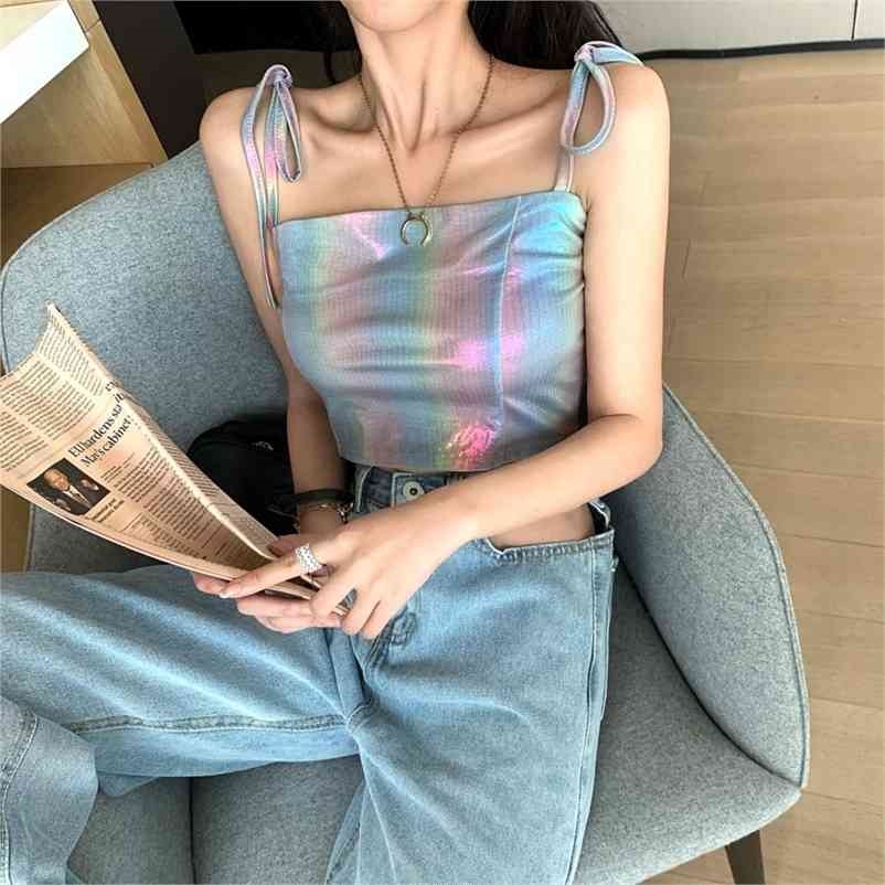 

Arrival Streetwear Rainbow Women Tank Top Vintage Korean Sexy Lacing Bow Crop Camis Club Party  210517, Photo color