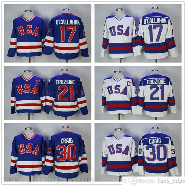 

Vintage 1980 USA Ice Hockey 21 Mike Eruzione Jersey Mens College 17 Jack Ocallahan 30 Jim Craig Stitched Team Color Blue Away White, Black;red
