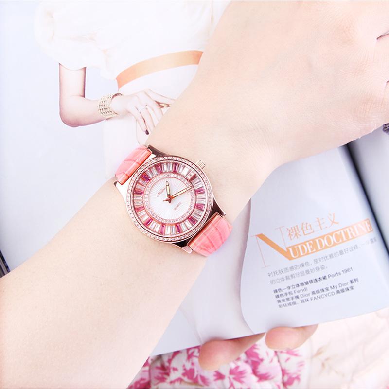 

Wristwatches MELISSA Watch Female Fashion Trend Pink Rhinestone Table Epidermis Strap Retro Student Luminous