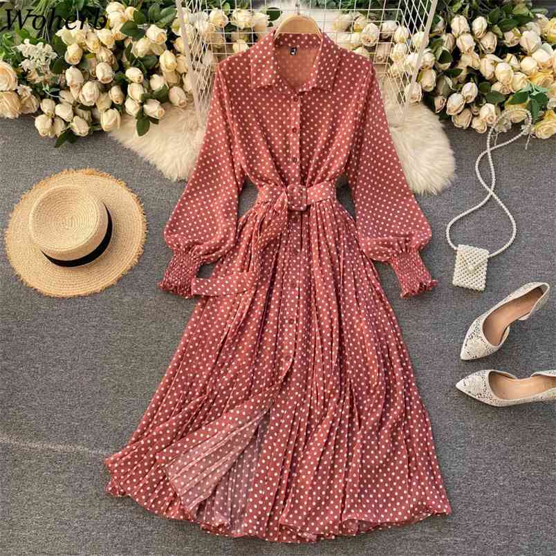 

Elegant Vintage Polka Dot Print Chiffon Dress Women Summer Long Lantern Sleeve Office Korean Vestidos Maix Dresses 210519, Purple