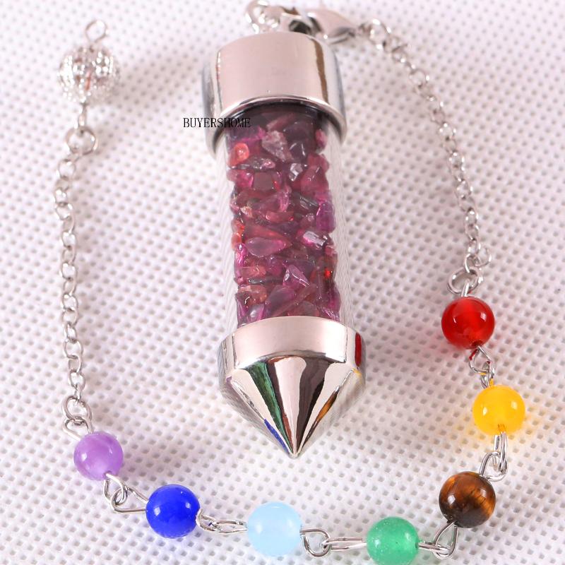 

Charms 64x17x17MM 7 Chakra Wishing Bottle Pendulum Reiki Natural Stone Chip Beads Red Garnet Divination Amulet 1Pcs K607, Bronze;silver