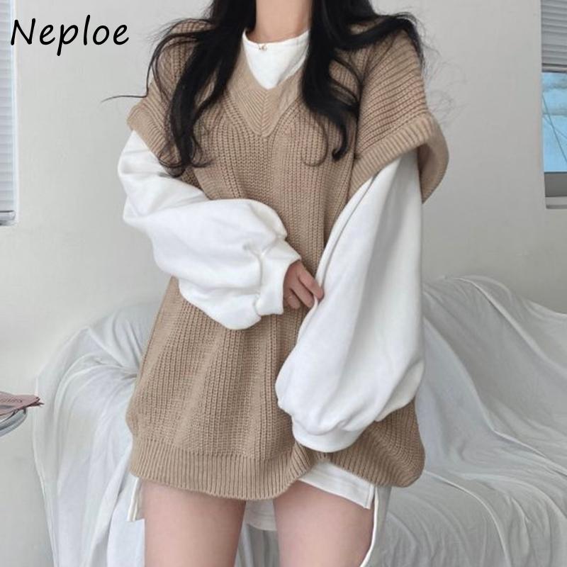 

Women's Vests Neploe Autumn 2021 All-match Split Sweater Women Solid Color Knitted Vest Woman Loose Casual Outerwear Tops Mujer, Black;white