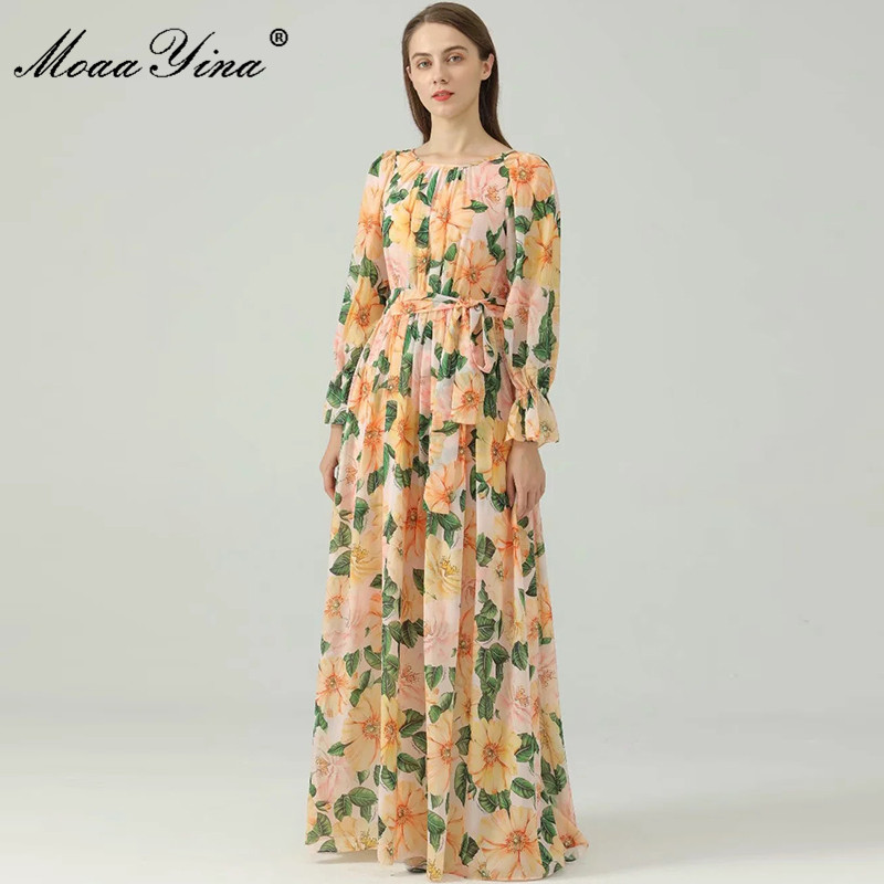 

Bohemia Summer Runway Long chiffon Dresses Women sleeve Floral Print O-neck Vacation Maxi Dress 210524, Multi