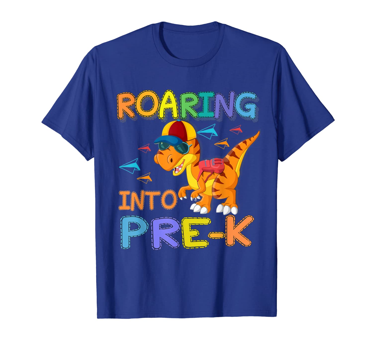 

pre-k dinosaur roaring back to school shirt, White;black