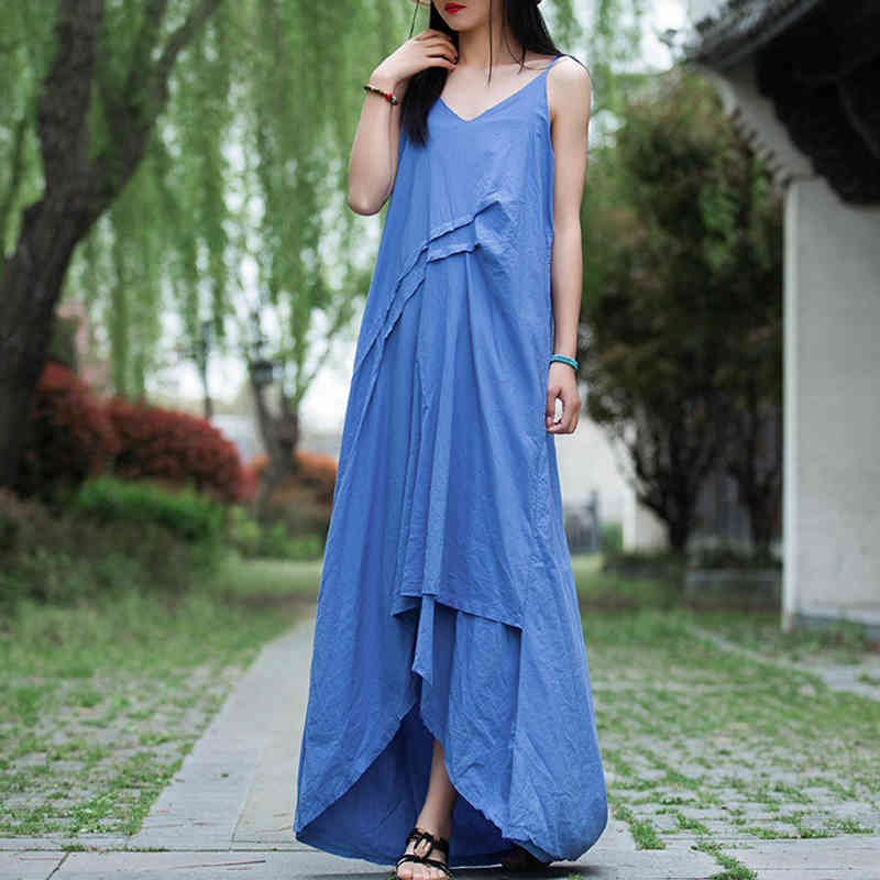 

Johnature Women Cotton Linen Irregular Dresses Sleeveless V-Neck Patchwork Solid Color Clothes Summer Casual Maxi Dress 210521, Black