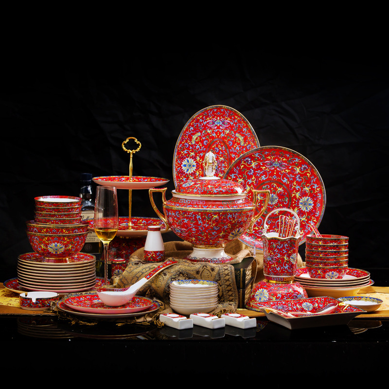 JINGDEZHEN Original Dinnerware Sets Bone China Gilding Red Riches & Honour Classical Imperial Place Style 86 Pcs Tableware Dishes Plates Soup Pot-image-721003636