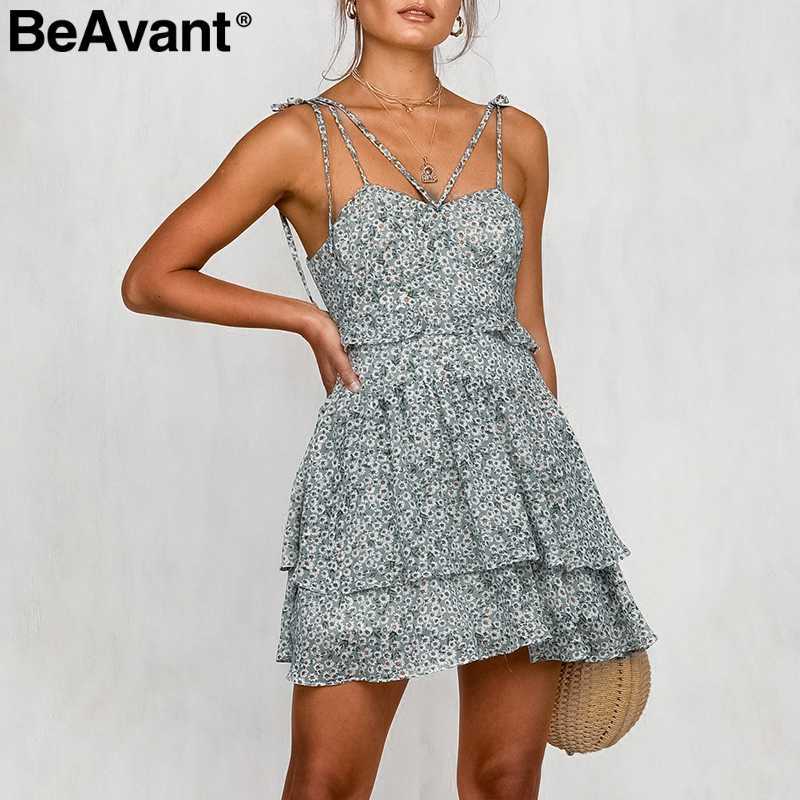 

BeAvant Floral print sun dresses women Sexy backless boho summer dress vestidos High waist strap ruffle mini dress female 210709, Green