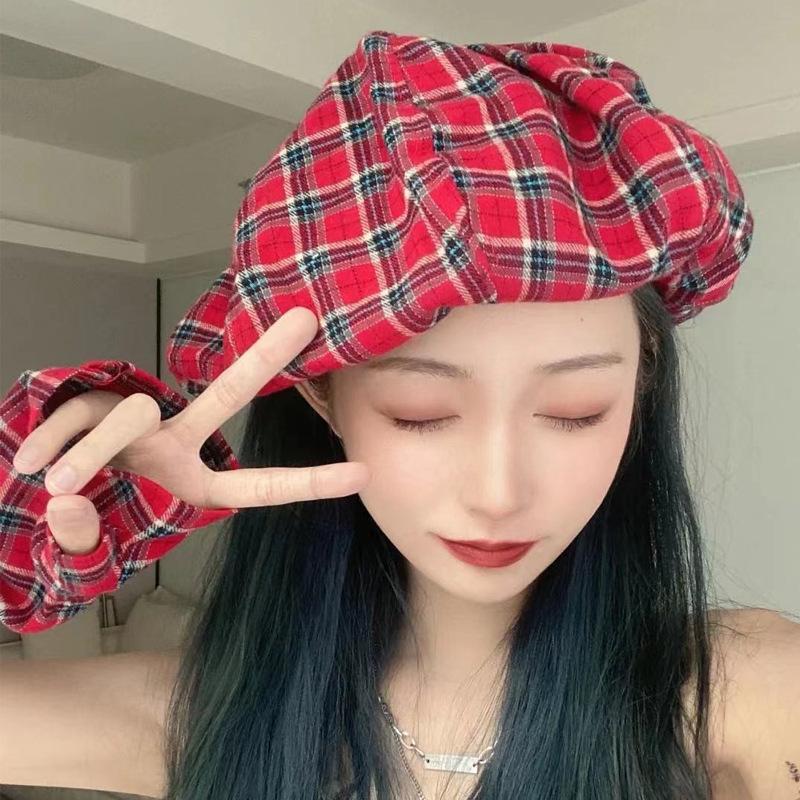

Berets Fashion Fine Stripe Lattice Hat Women Men Spring Summer Plaid Visors Cloud Cap Blue Duckbill Herringbone Flat, Red
