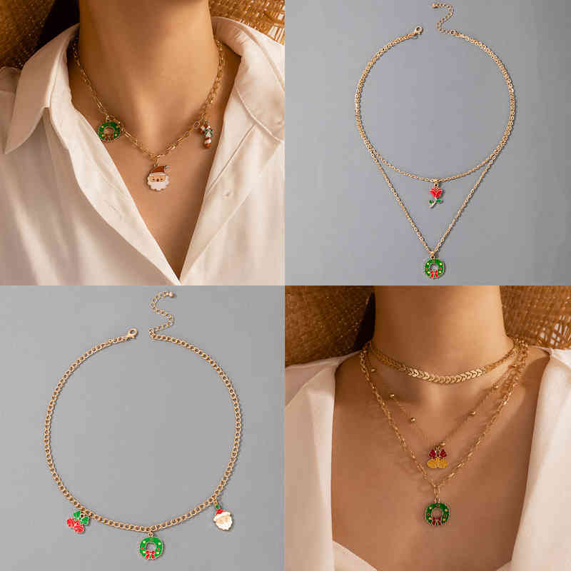 

Tocona Trendy Santa Claus Tree Rose Flowers Pendant Neckalce for Women Charming Sock Multilayer Sweater Chain Christmas Jewelry