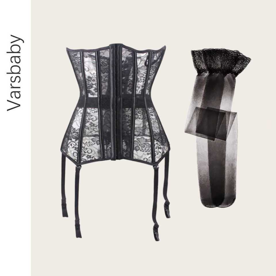 

Varsbaby sexy 2pcs corsets +stockings slim shapewear waist trainer body shapers black S M L XL XXL