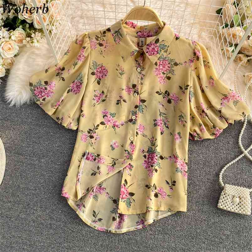 

Chiffon Shirts Women Summer Fashion Blsas Lantern Sleeve Turn Down Collar Blouses Korean Loose Floral Vintage Tops 210519, Blue