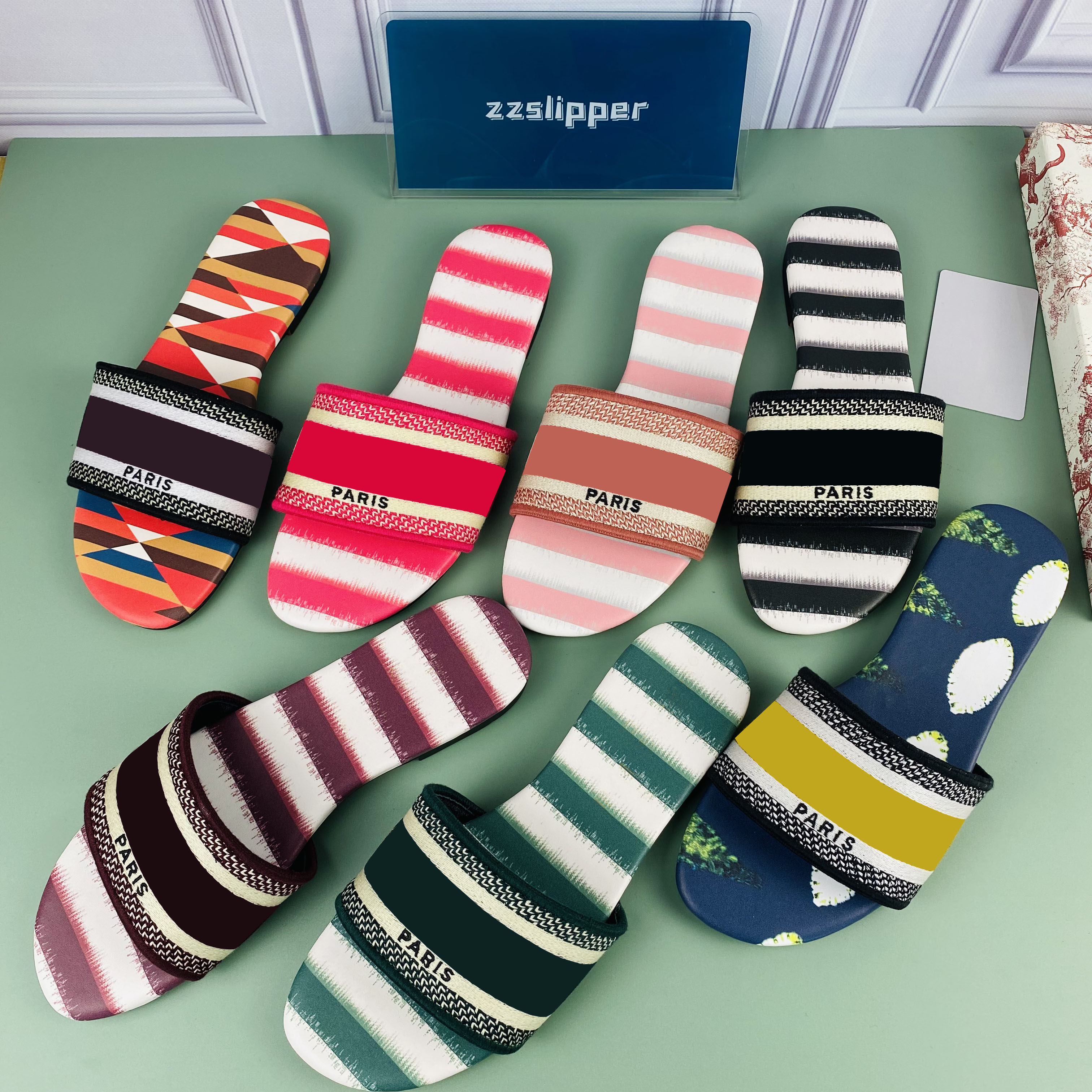 

Women striped slippers summer fashion ladies letter embroidery animal print sandals slides luxury brand ladies floral brocade sandal slipper slide shoe size 35-43