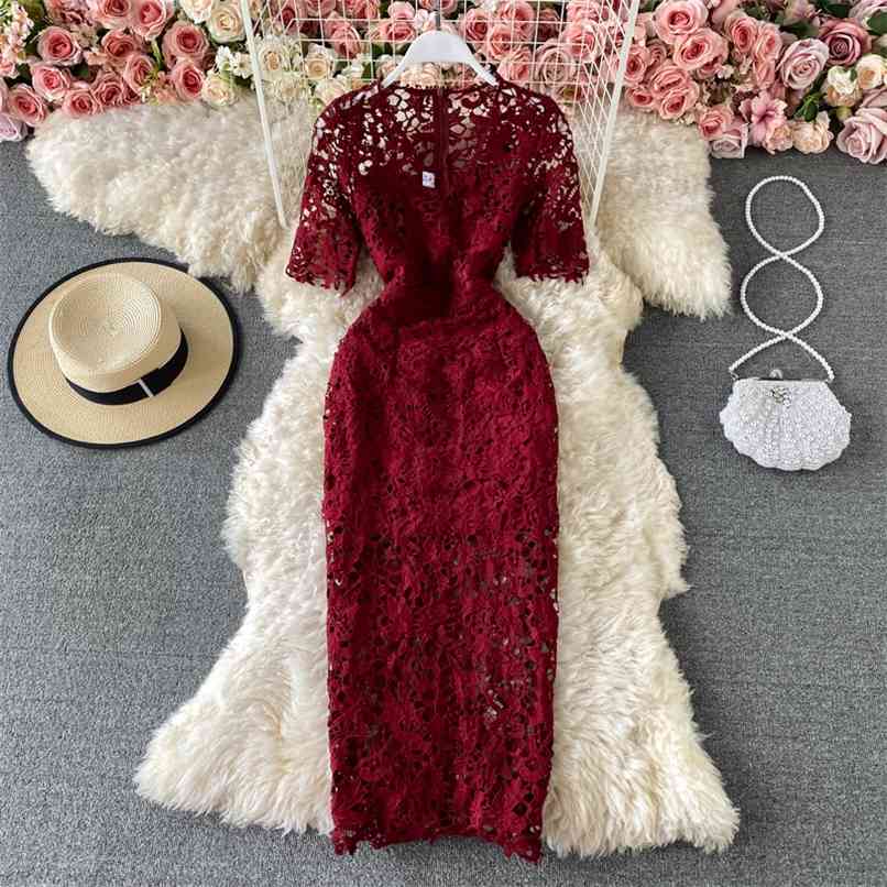 

Party Dress Simple Red wine Lace es Women Summer V-neck Short Sleeve Hollow out Bodycon 210602, Yellow