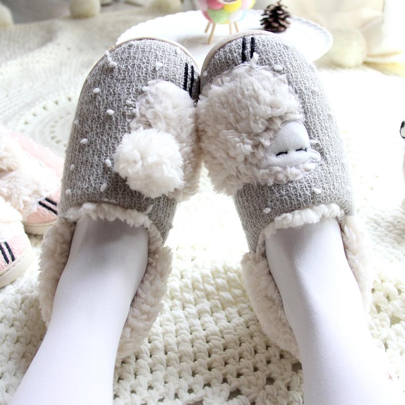 

Winter Cute Cartoon Slippers Pregnant Women Men Couples Lovers Anti-Slip Plush Home Cotton Pantufa, Black