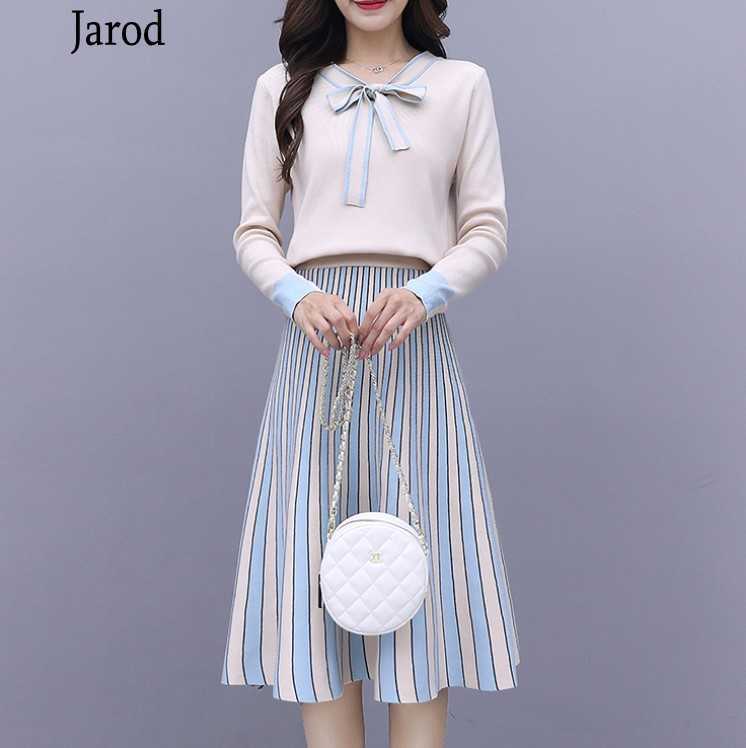 

Autumn Two Piece Set Women Elegant Bow tie Knit Pullover Sweater Top + Stripe pleated Midi Skirt Suit 210526, Photo color