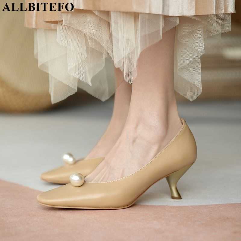 

ALLBITEFO Pearl design golden heel soft genuine leather women heels shoes spring fashion high heel shoes butterfly high heels 210611, As picture