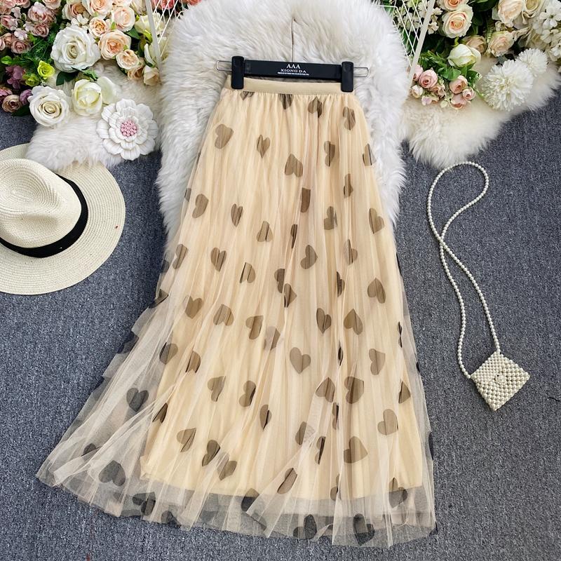 

Skirts Spring Autumn Elastic Waist Love Printed Mesh Pleated Skirt High A-line Large Hem Mid-length C101, Black