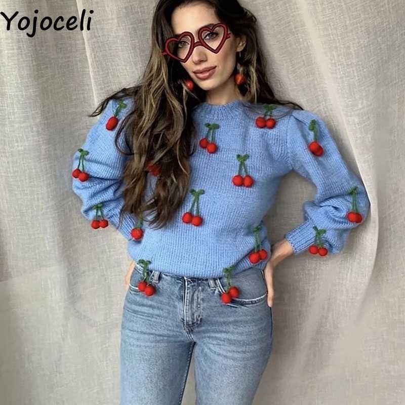 

Yojoceli Chic handmade strawberry knitted sweater women Autumn winter elegant pullover Casual loose knitting tops jumper 210609, Blue