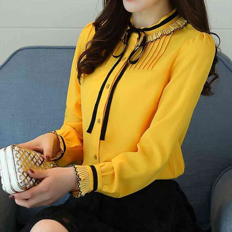 

spring autumn women long-sleeved bow tie chiffon blouses female pleated ruffle bottoming shirt stand collar sweet, White