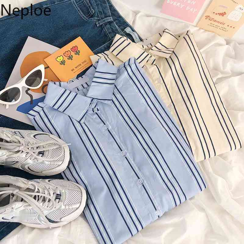 Neploe Fashion Striped Shirts Blusas Mujer De Moda Turn-down Collar Korean Blouses Women Loose Casual All-match Blouse Tops 210422