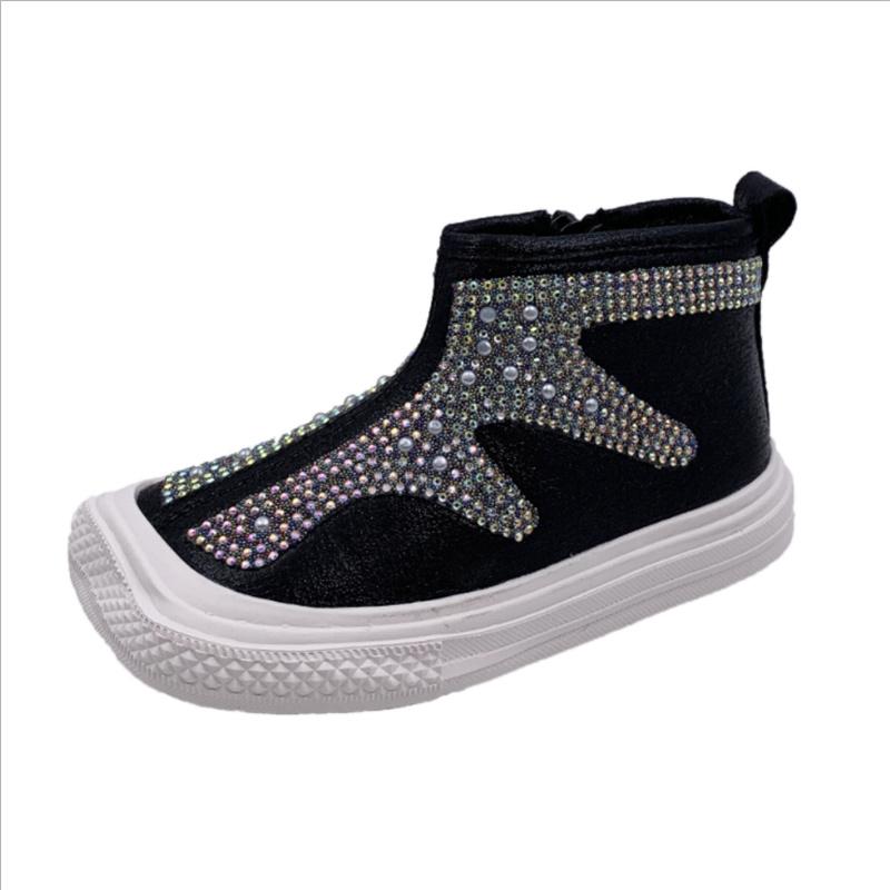 

Boots 2021 Autumn Girls Rhinestone Square Toe Children Rubber Fashion Ankle Toddler Kids Shoes Size 21-30, Black;grey
