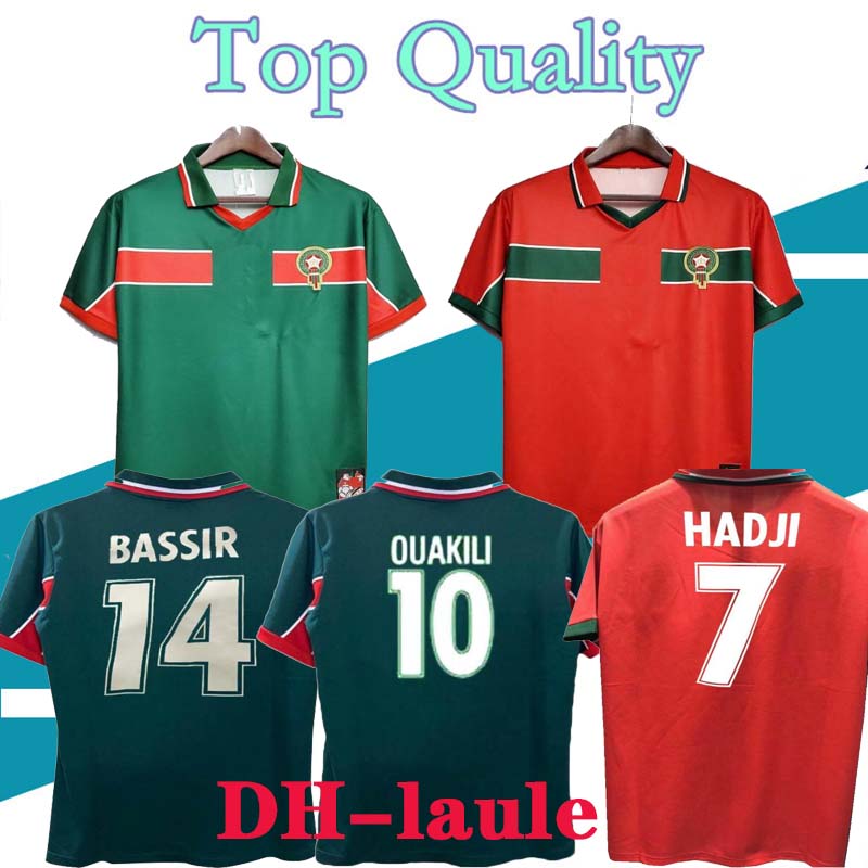 

1998 Morocco retro soccer jersey 98 99 Maroc Hadji BASSIR OUAKILI NEQROUZ ABRAMI vintage classic old football shirts, 22-23 home