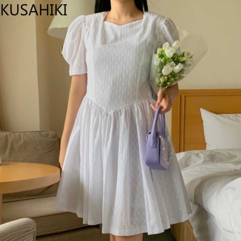 

KUSAHIKI Woman Dress Sweet Puff Sleeve Square Collar Dresses Korean High Waist A-line Vestidos Femme Summer 6J338 210602, White