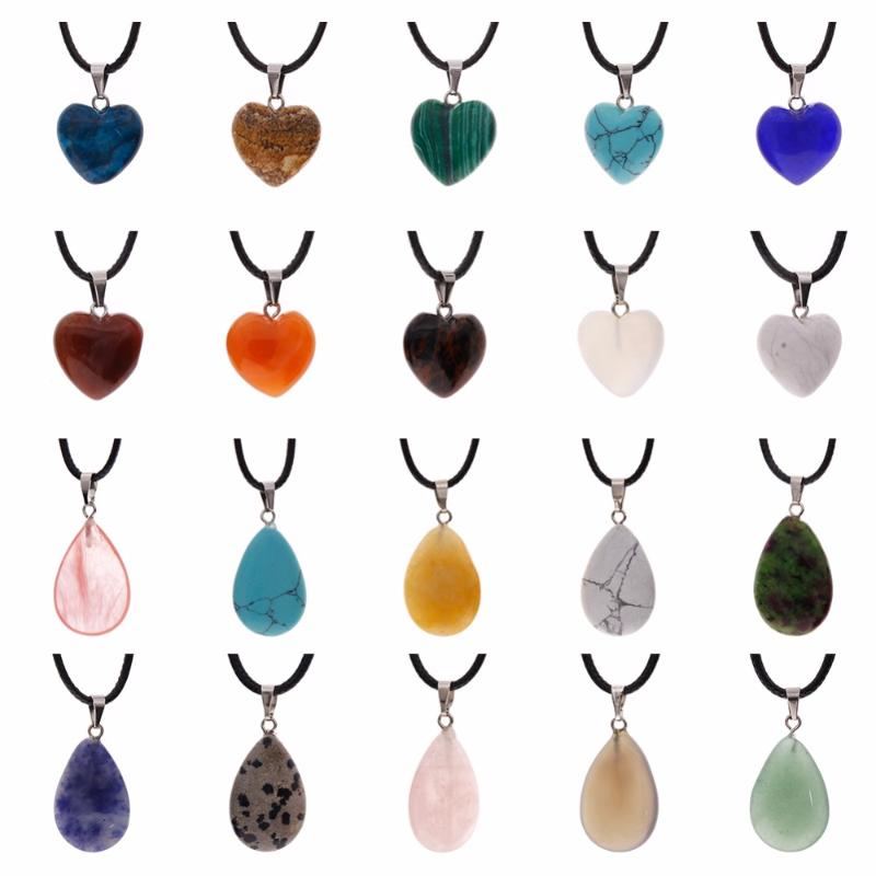 

Pendant Necklaces 20Pcs/set Heart And Waterdrop Stone Pendants Assorted Color Beads Crystal Charms With 18 Inch Black Leather Cord Necklace#